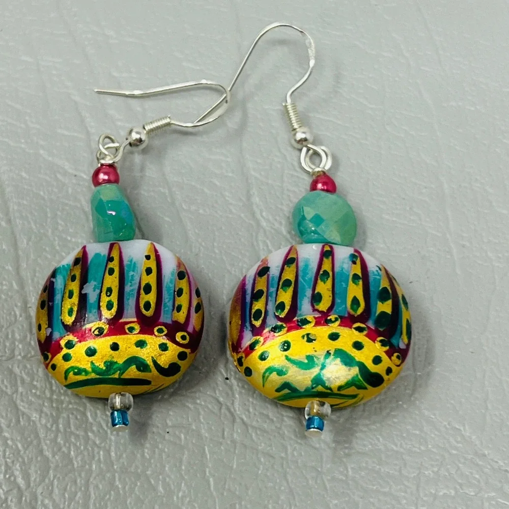 Hand‎ Painted Glass Bead Dangle Earrings Yellow Teal Gold Boho Drop Earrings